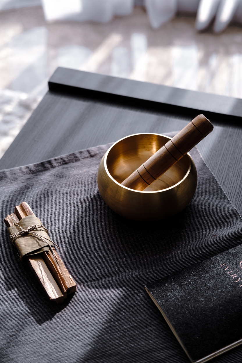 Bronze tibetan singing bowl, sound healing, palo santo